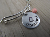 Grandma Bracelet- Gift for Grandma- Hand-Stamped Bracelet- "Grandma" with stamped heart - Hand-Stamped Bracelet- Adjustable Bangle Bracelet with an accent bead of your choice