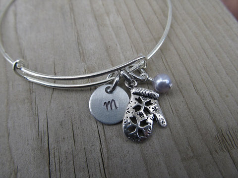 Mittens Charm Bracelet- Adjustable Bangle Bracelet with an Initial Charm and an Accent Bead of your choice