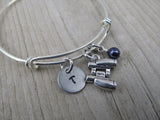Binoculars Charm Bracelet- Adjustable Bangle Bracelet with an Initial Charm and an Accent Bead of your choice