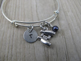 Binoculars Charm Bracelet- Adjustable Bangle Bracelet with an Initial Charm and an Accent Bead of your choice