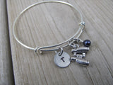 Binoculars Charm Bracelet- Adjustable Bangle Bracelet with an Initial Charm and an Accent Bead of your choice