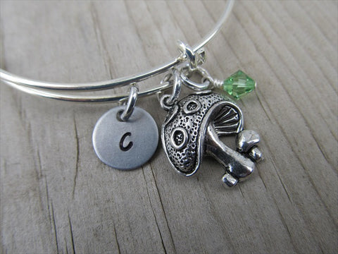 Mushroom Charm Bracelet- Adjustable Bangle Bracelet with an Initial Charm and an Accent Bead of your choice