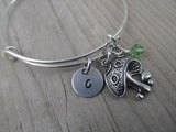 Mushroom Charm Bracelet- Adjustable Bangle Bracelet with an Initial Charm and an Accent Bead of your choice