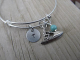 Jet Ski Charm Bracelet- Adjustable Bangle Bracelet with an Initial Charm and an Accent Bead of your choice