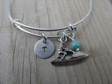 Jet Ski Charm Bracelet- Adjustable Bangle Bracelet with an Initial Charm and an Accent Bead of your choice