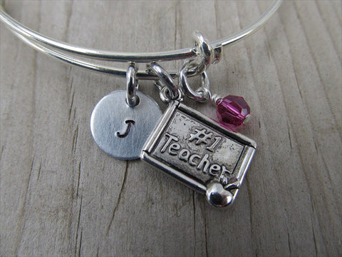 Teacher Charm Bracelet- Adjustable Bangle Bracelet with an Initial Charm and an Accent Bead of your choice