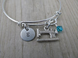 Sewing Machine Charm Bracelet- Adjustable Bangle Bracelet with an Initial Charm and an Accent Bead of your choice