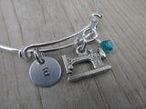Sewing Machine Charm Bracelet- Adjustable Bangle Bracelet with an Initial Charm and an Accent Bead of your choice