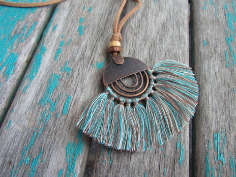 Fringe Necklace in Turquoise and Tan