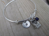 Crayon Box Charm Bracelet- Adjustable Bangle Bracelet with an Initial Charm and an Accent Bead of your choice