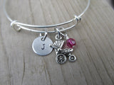 Baby Carriage Charm Bracelet- Adjustable Bangle Bracelet with an Initial Charm and an Accent Bead of your choice