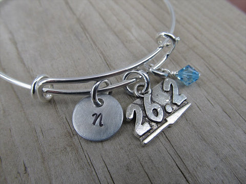 Marathon Charm Bracelet- Adjustable Bangle Bracelet with an Initial Charm and an Accent Bead of your choice