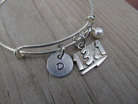 Half Marathon Charm Bracelet- Adjustable Bangle Bracelet with an Initial Charm and an Accent Bead of your choice