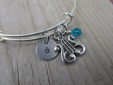 Harp Charm Bracelet- Adjustable Bangle Bracelet with an Initial Charm and an Accent Bead of your choice