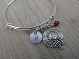 Hat/Bonnet Charm Bracelet- Adjustable Bangle Bracelet with an Initial Charm and an Accent Bead of your choice