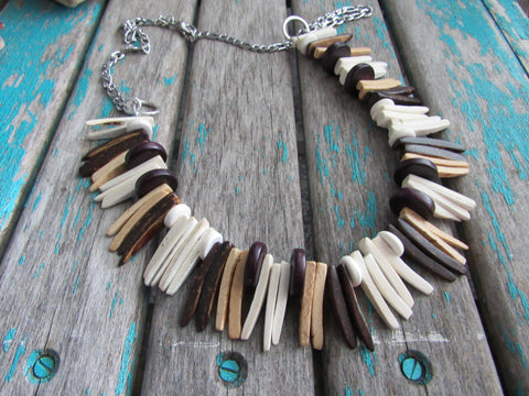 Neutral Wood Spike Necklace- Statement Necklace in Browns/Tans/Cream -READY to SHIP