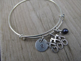 Hugs and Kisses Charm Bracelet- Adjustable Bangle Bracelet with an Initial Charm and an Accent Bead of your choice