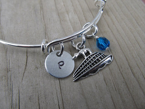 Cruise Ship Charm Bracelet- Adjustable Bangle Bracelet with an Initial Charm and an Accent Bead of your choice