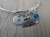 Cruise Ship Charm Bracelet- Adjustable Bangle Bracelet with an Initial Charm and an Accent Bead of your choice