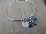 Cruise Ship Charm Bracelet- Adjustable Bangle Bracelet with an Initial Charm and an Accent Bead of your choice