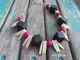Pink Wood Necklace- Statement Necklace in Pink, Black, and Cream -READY to SHIP