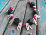 Pink Wood Necklace- Statement Necklace in Pink, Black, and Cream -READY to SHIP