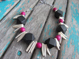 Pink Wood Necklace- Statement Necklace in Pink, Black, and Cream -READY to SHIP