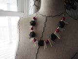 Pink Wood Necklace- Statement Necklace in Pink, Black, and Cream -READY to SHIP
