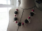 Pink Wood Necklace- Statement Necklace in Pink, Black, and Cream -READY to SHIP