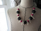 Pink Wood Necklace- Statement Necklace in Pink, Black, and Cream -READY to SHIP