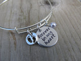 Baby Loss/Miscarriage Bracelet- Hand-stamped bracelet, "Forever in my heart" with baby footprints charm   - Hand-Stamped Bracelet  -Adjustable Bangle Bracelet with an accent bead of your choice