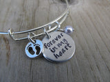 Baby Loss/Miscarriage Bracelet- Hand-stamped bracelet, "Forever in my heart" with baby footprints charm   - Hand-Stamped Bracelet  -Adjustable Bangle Bracelet with an accent bead of your choice