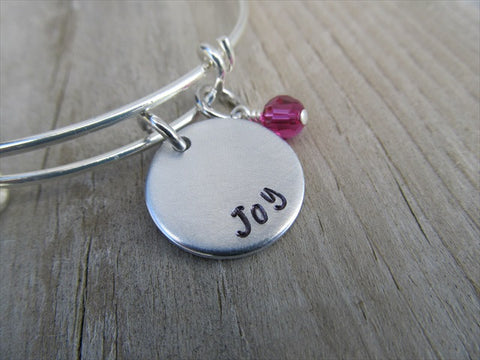 Joy Inspiration Bracelet- "Joy"  - Hand-Stamped Bracelet  -Adjustable Bangle Bracelet with an accent bead of your choice