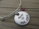 Aunt's Bracelet- Hand-stamped "Aunt est (year of choice)"  with a stamped heart - Hand-Stamped Bracelet- Adjustable Bangle Bracelet with an accent bead of your choice