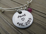 Aunt's Bracelet- Hand-stamped "Aunt est (year of choice)"  with a stamped heart - Hand-Stamped Bracelet- Adjustable Bangle Bracelet with an accent bead of your choice