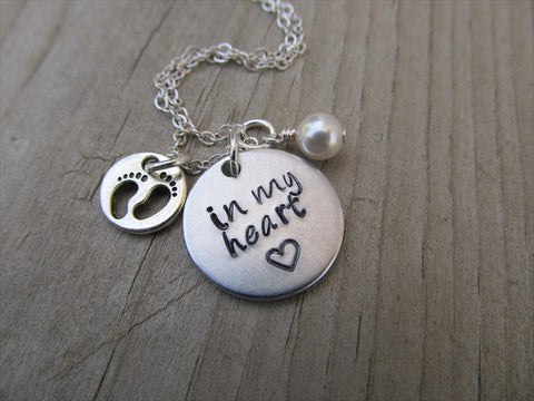 Baby Loss/Miscarriage Necklace- Hand-stamped necklace, "in my heart" with stamped heart and baby footprints charm - Hand-Stamped Necklace  -with an accent bead of your choice