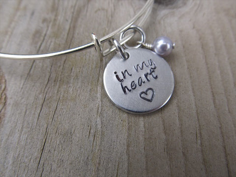 Loved One Memorial Bracelet- "in my heart" with heart  - Hand-Stamped Bracelet  -Adjustable Bangle Bracelet with an accent bead of your choice