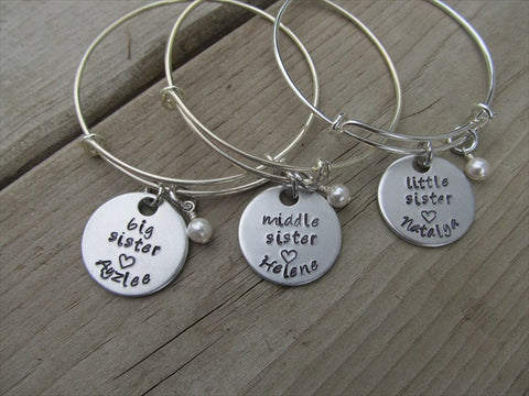 Personalized set of 3 Sisters Bracelets- 3 Bracelet Set- "big sister", "middle sister", "little sister" each with a name and a pearl