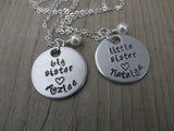 Personalized set of 2 Sisters Necklaces- 3 Necklace Set- "big sister", "little sister" each with a name and accent bead- 2 necklace set