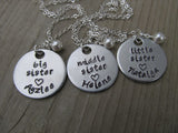 Personalized set of 3 Sisters Necklaces- 3 Necklace Set- "big sister", "middle sister", "little sister" with heart, name, and a pearl