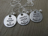 Personalized set of 3 Sisters Necklaces- 3 Necklace Set- "big sister", "middle sister", "little sister" with heart, name, and a pearl