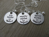 Personalized set of 3 Sisters Necklaces- 3 Necklace Set- "big sister", "middle sister", "little sister" with heart, name, and a pearl