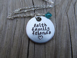 Faith Family Friends Inspiration Necklace- "faith family friends" with a stamped heart  - Hand-Stamped Necklace with an accent bead in your choice of colors