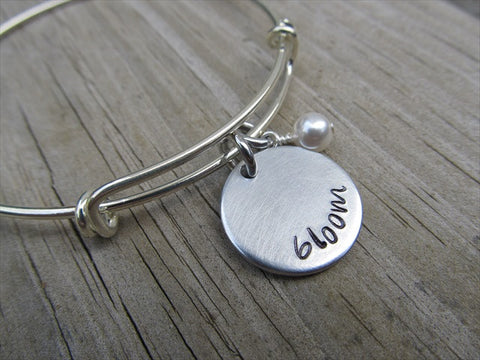 Bloom Inspiration Bracelet- "bloom"  - Hand-Stamped Bracelet  -Adjustable Bangle Bracelet with an accent bead of your choice