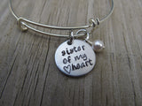 Friendship Bracelet- "sister of my heart" with stamped heart - Hand-Stamped Bracelet- Adjustable Bangle Bracelet with an accent bead of your choice