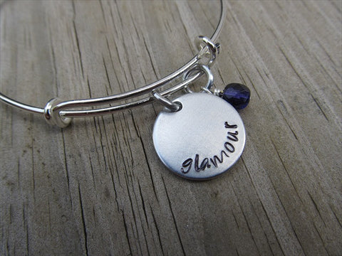 Glamour Inspiration Bracelet- "glamour" - Hand-Stamped Bracelet  -Adjustable Bangle Bracelet with an accent bead of your choice
