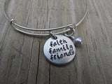 Faith Family Friends Inspiration Bracelet- "faith family friends" - Hand-Stamped Bracelet  -Adjustable Bangle Bracelet with an accent bead of your choice