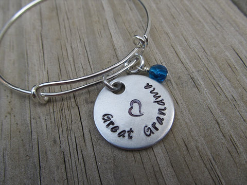 Great Grandma Bracelet- "Great Grandma" with a stamped heart - Hand-Stamped Bracelet  -Adjustable Bangle Bracelet with an accent bead of your choice