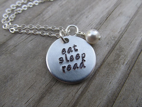 Eat Sleep Read Inspiration Necklace- "eat sleep read"- Hand-Stamped Necklace with an accent bead in your choice of colors