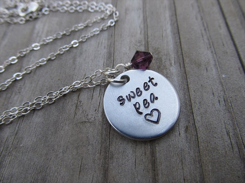 Sweet Pea Necklace- "sweet pea" with a stamped heart- Hand-Stamped Necklace with an accent bead in your choice of colors